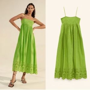 Zara green eyelet cutout midi dress